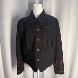 Vintage Harley Davidson Jean Jacket Black Denim Moto Embroidered Flames Size‎ L